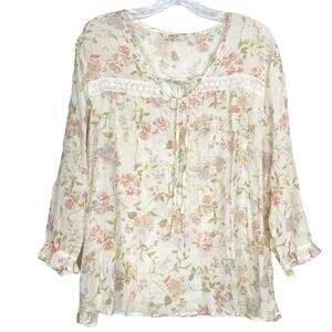 NWOT COMO BLU Top XL Floral Pink Ivory Crochet Bow Toe Balloon Pleated Rayon